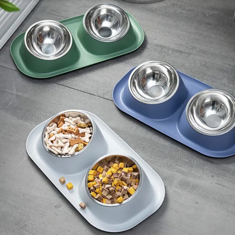 Green Angled Leakproof Dog Food + Water Bowls